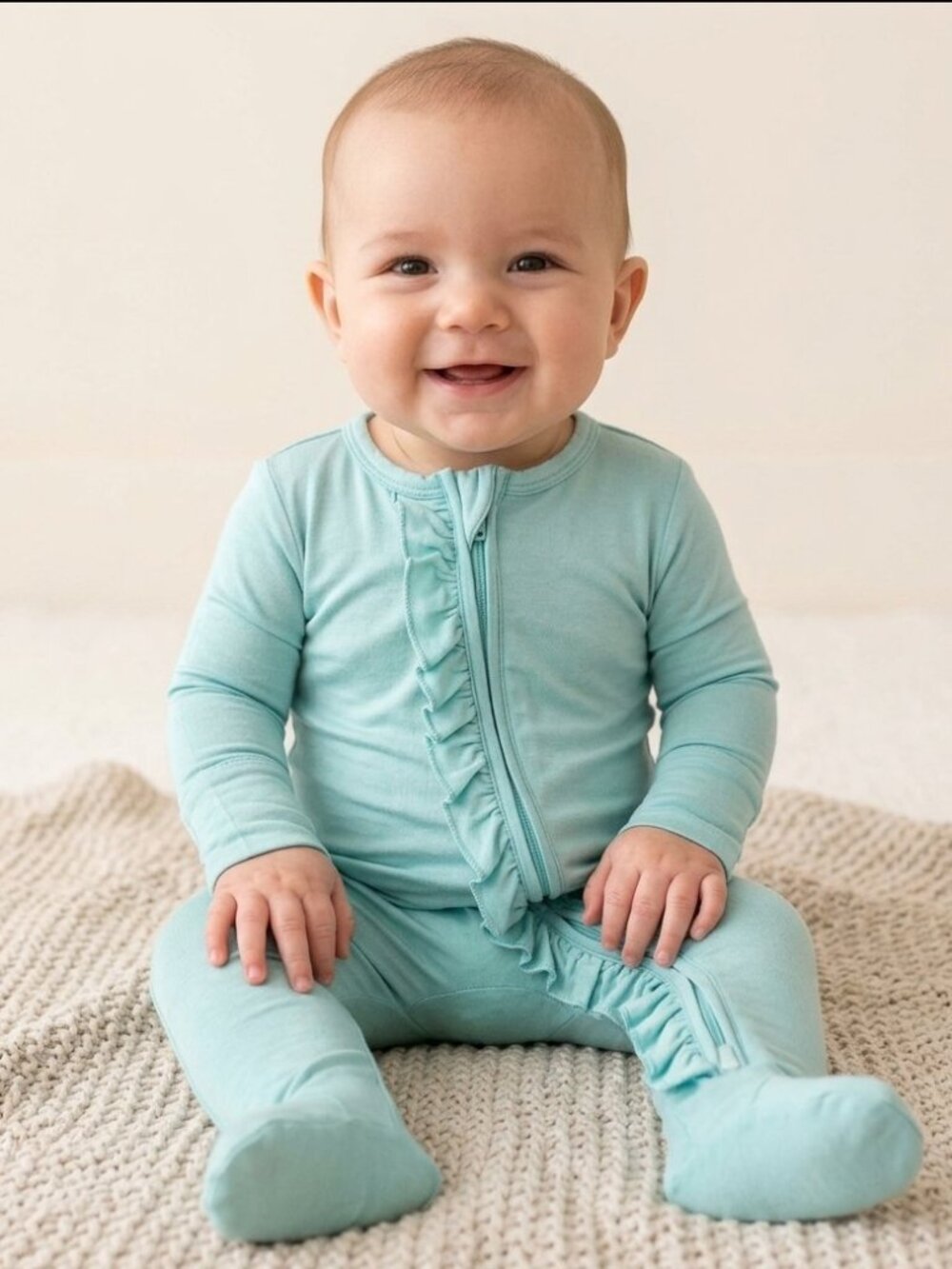 [Posh Peanut] NWT/NIB Pastel Blue Footie Ruffled Zippered One Piece - 2T